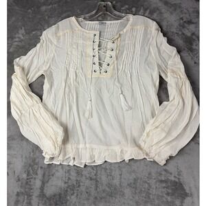 Sweewe Paris White Lace Up Peasant Blouse Tassel Pintuck Balloon Sleeve Ruffle